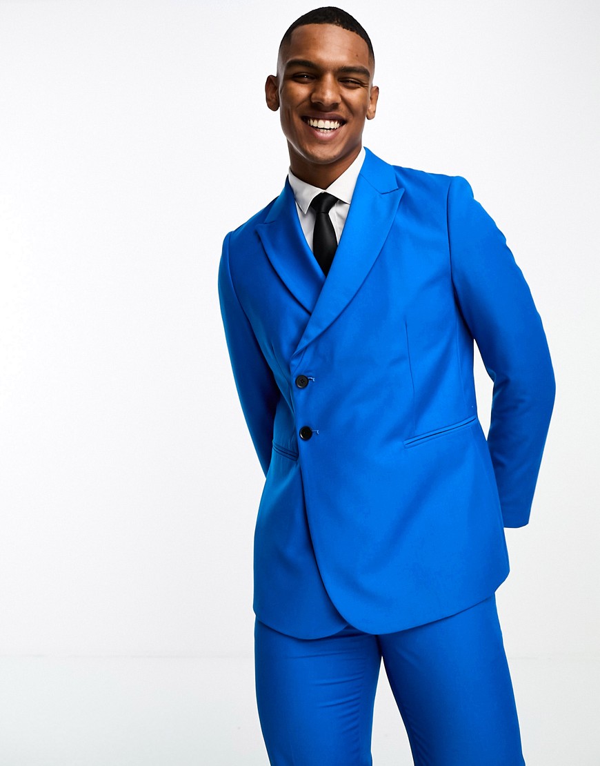 Devils Advocate slim fit royal blue double breasted peak lapel suit jacket