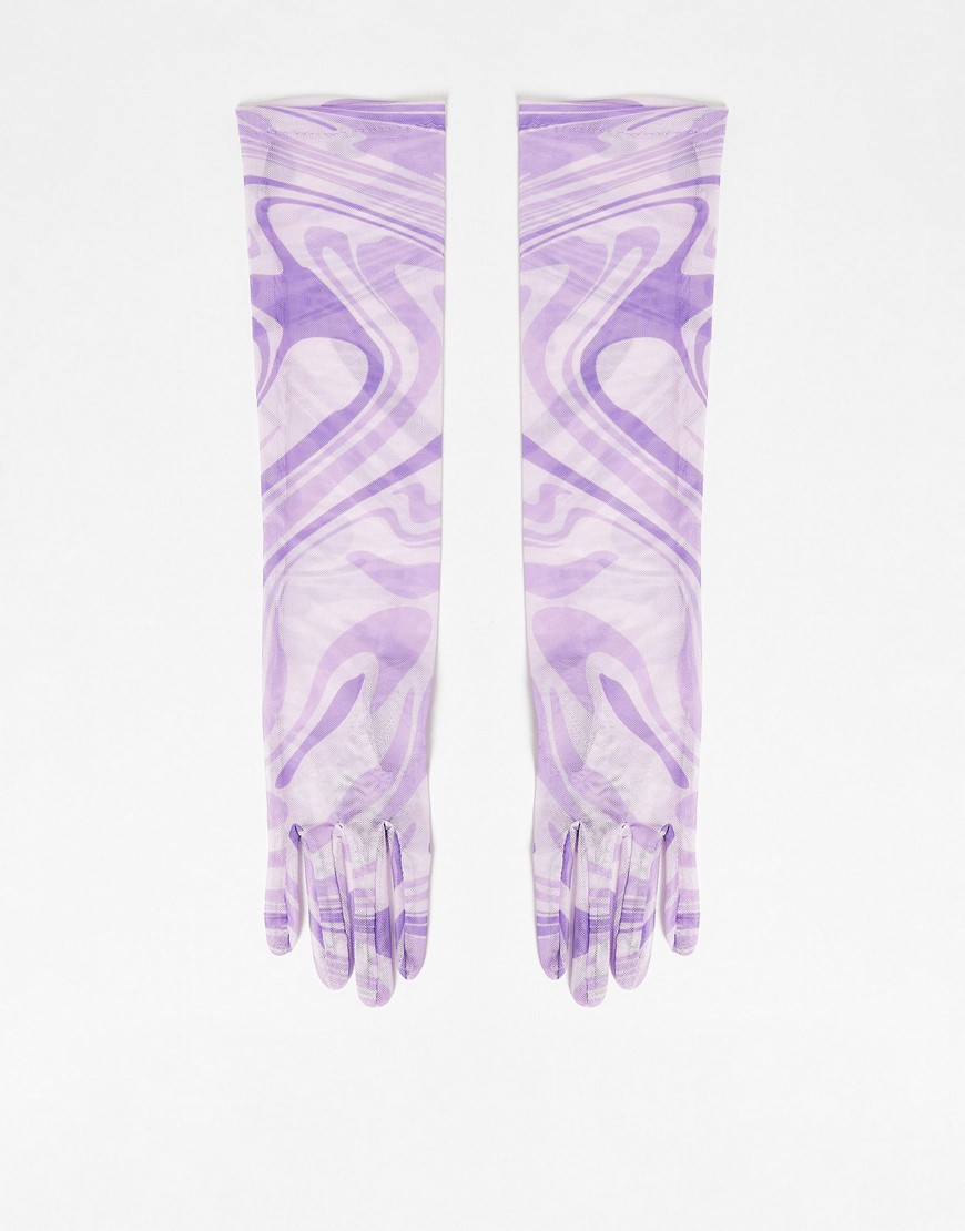 фото Длинные сетчатые перчатки сиреневого цвета с принтом завитков asos design-фиолетовый цвет