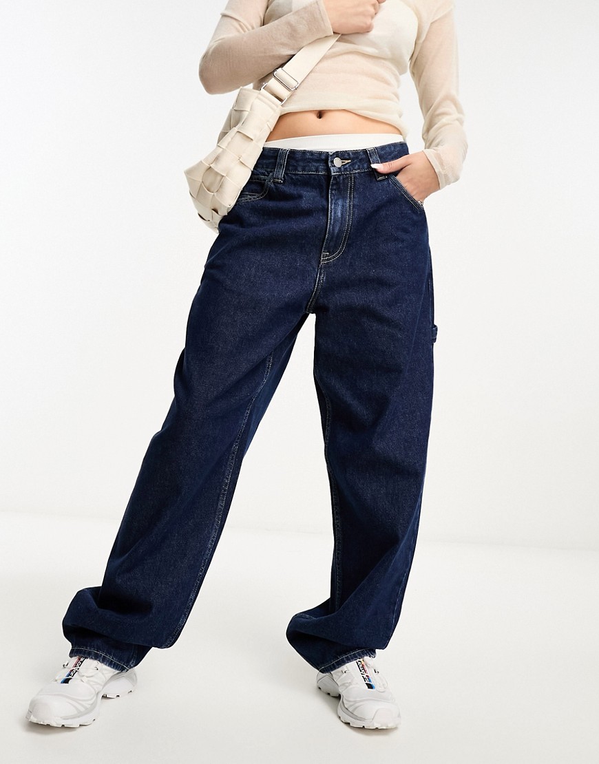 Dr Denim Faye Worker baggy fit mid waist utility cargo style jeans in pebble dark retro-Blue