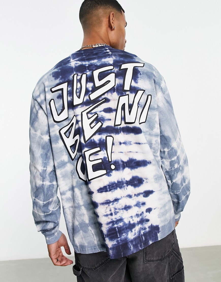Dr Denim Reno relaxed fit tie dye long sleeve t-shirt with be nice back print in blue