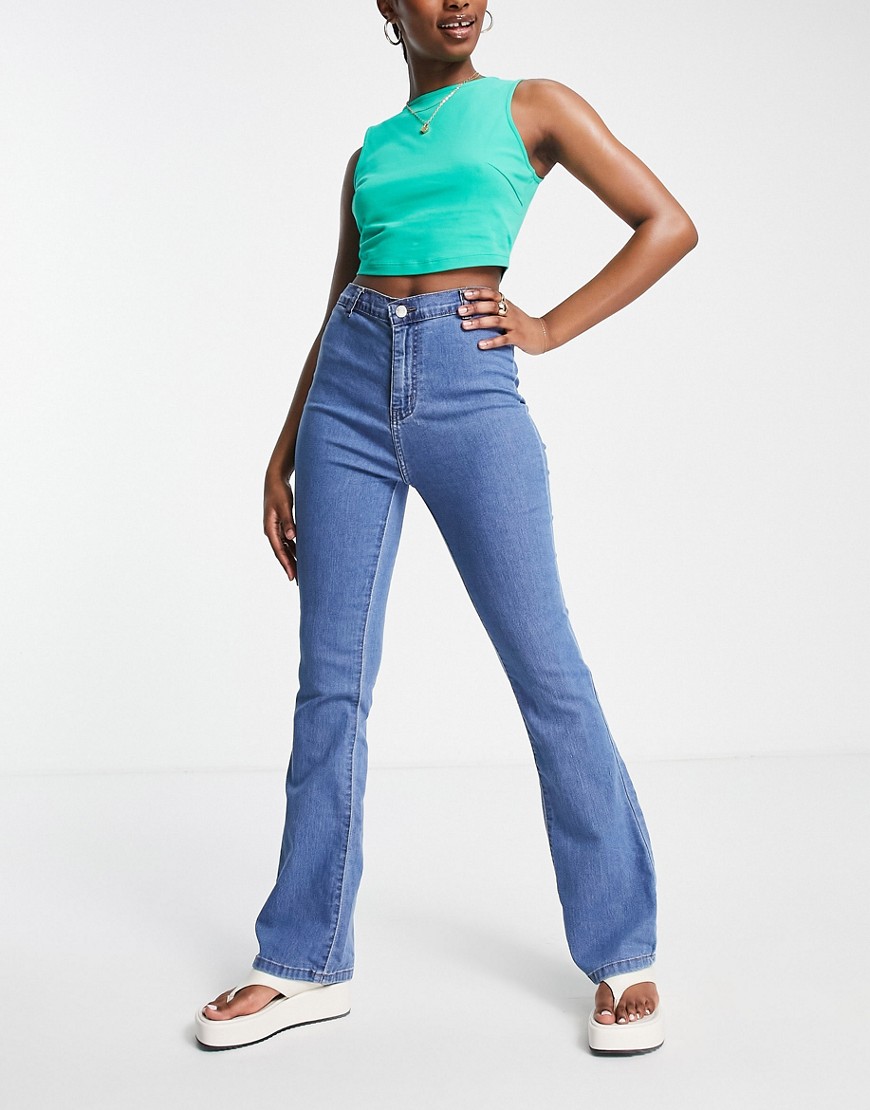DTT Bianca high waisted wide leg disco jeans in mid blue
