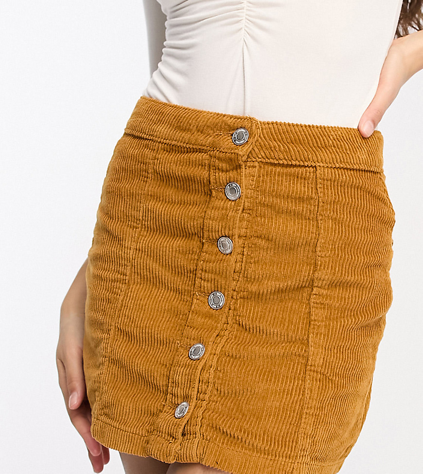 DTT Petite Jordan cord button front mini skirt in tan-Brown
