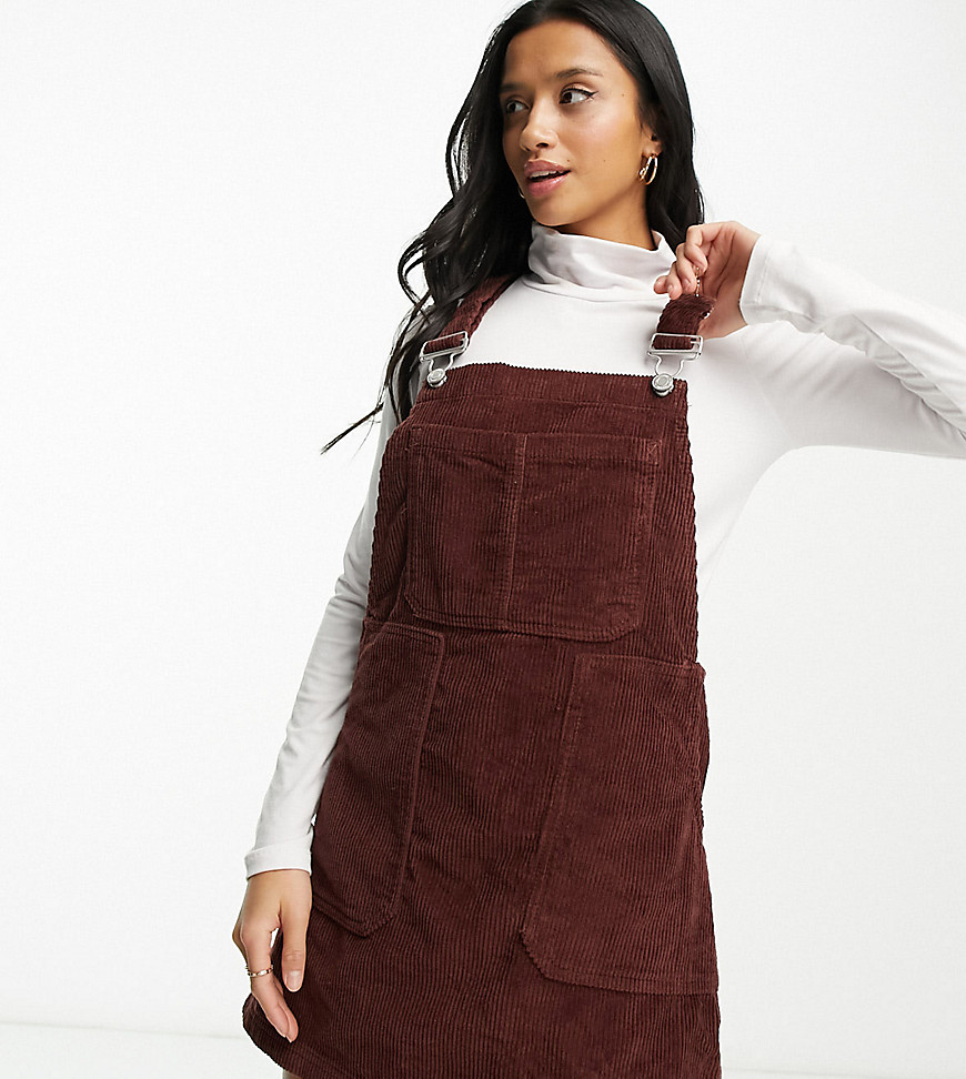 DTT Petite Lucine cord pinafore dress with pockets in chocolate brown