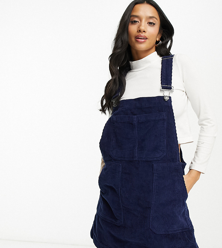 DTT Petite Lucine cord pinafore dress with pockets in navy