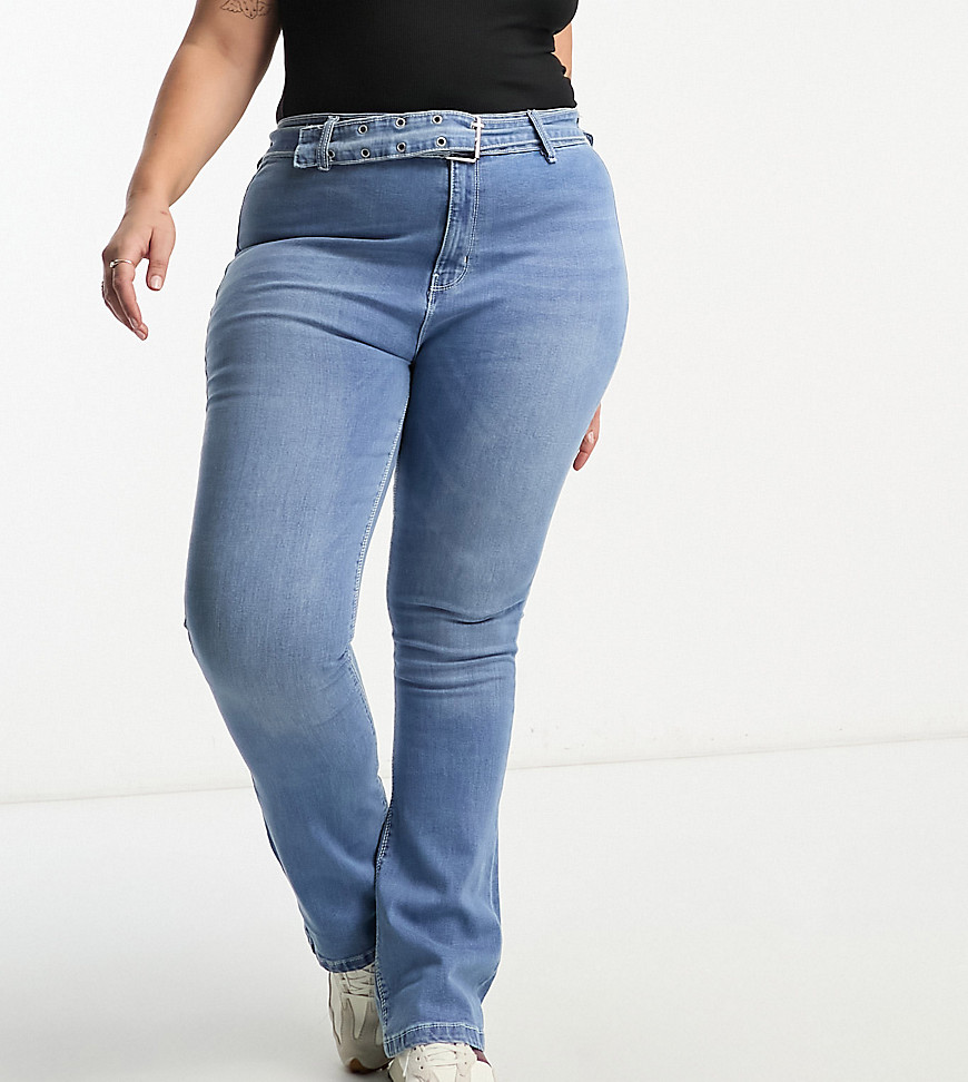 DTT Plus Phoebe belted high waisted wide leg jeans in blue