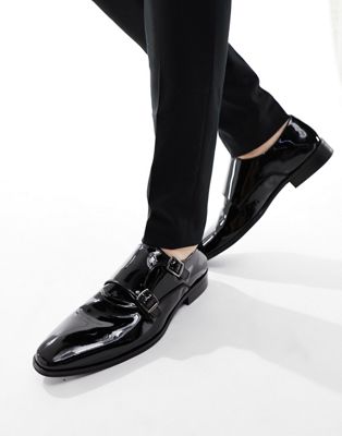 double buckle leather monk shoes in black patent