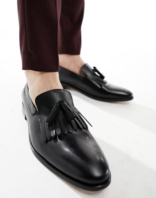 leather tassel slip on loafers in black