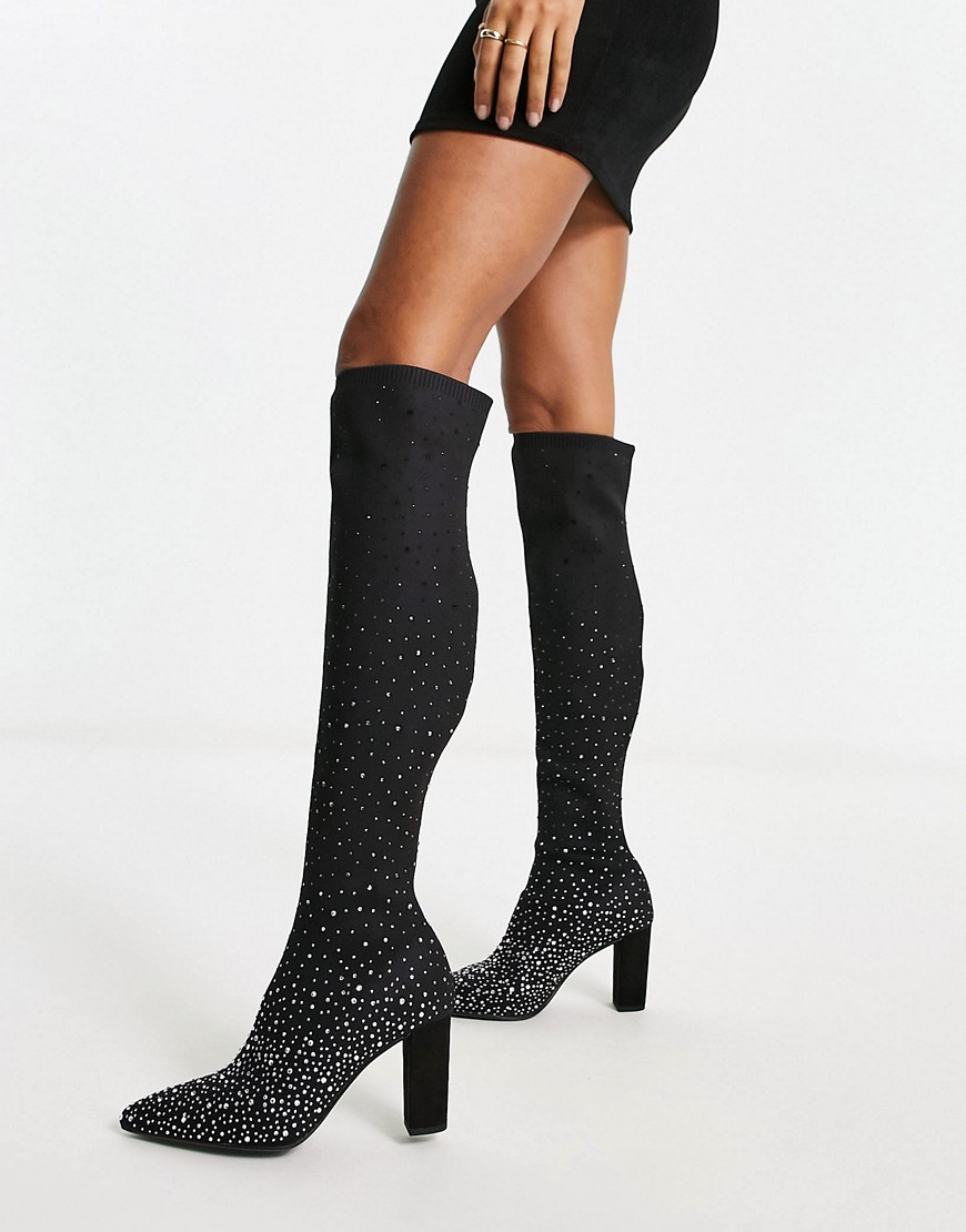 Dune London pointed toe heeled knee boot in black