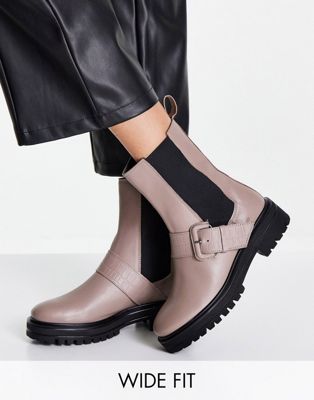 Dune London Wide Fit chunky sole buckle ankle boots in taupe leather