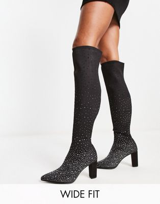 Dune London Wide Fit pointed toe heeled knee boot in black