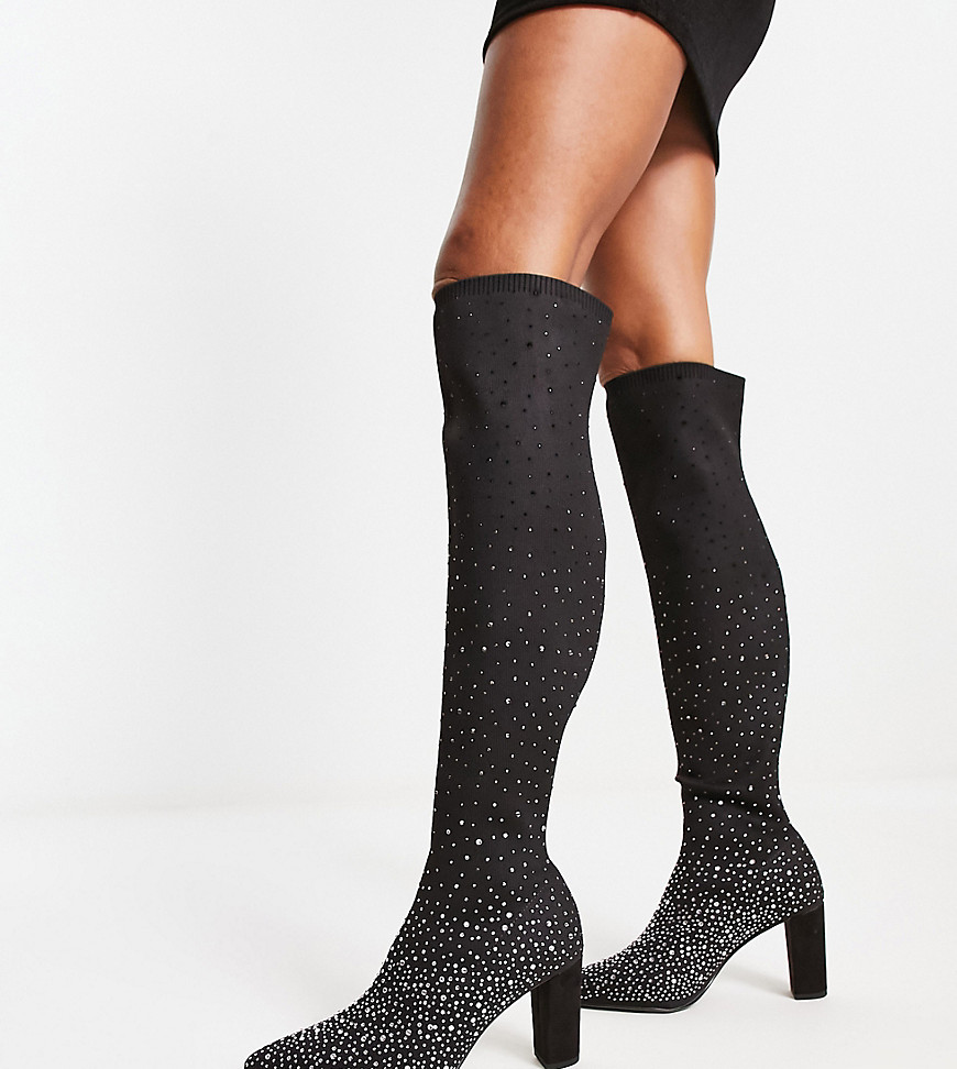 Dune London Wide Fit pointed toe heeled knee boot in black