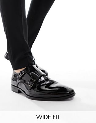 Wide Fit double buckle leather monk shoes in black patent