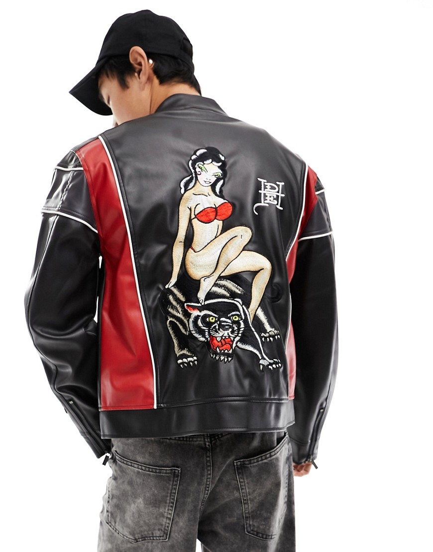 Ed Hardy oversized faux leather moto jacket with lady back print-Black