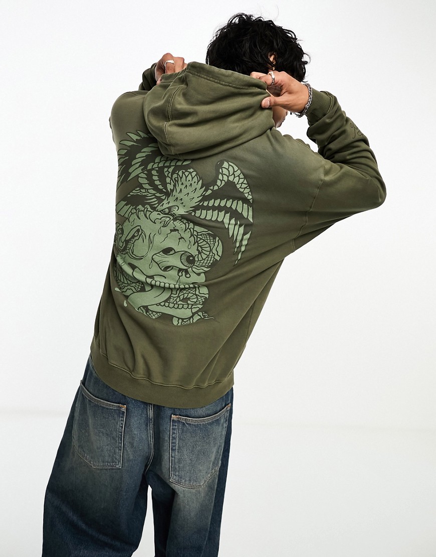 Ed Hardy oversized hoodie in washed khaki with eagle graphic-Grey