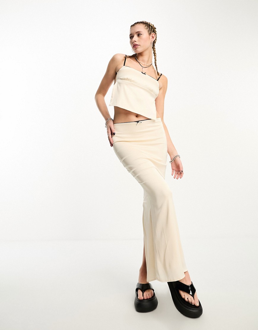 Edikted Y2K low rise maxi skirt in satin with bow detail co-ord-White