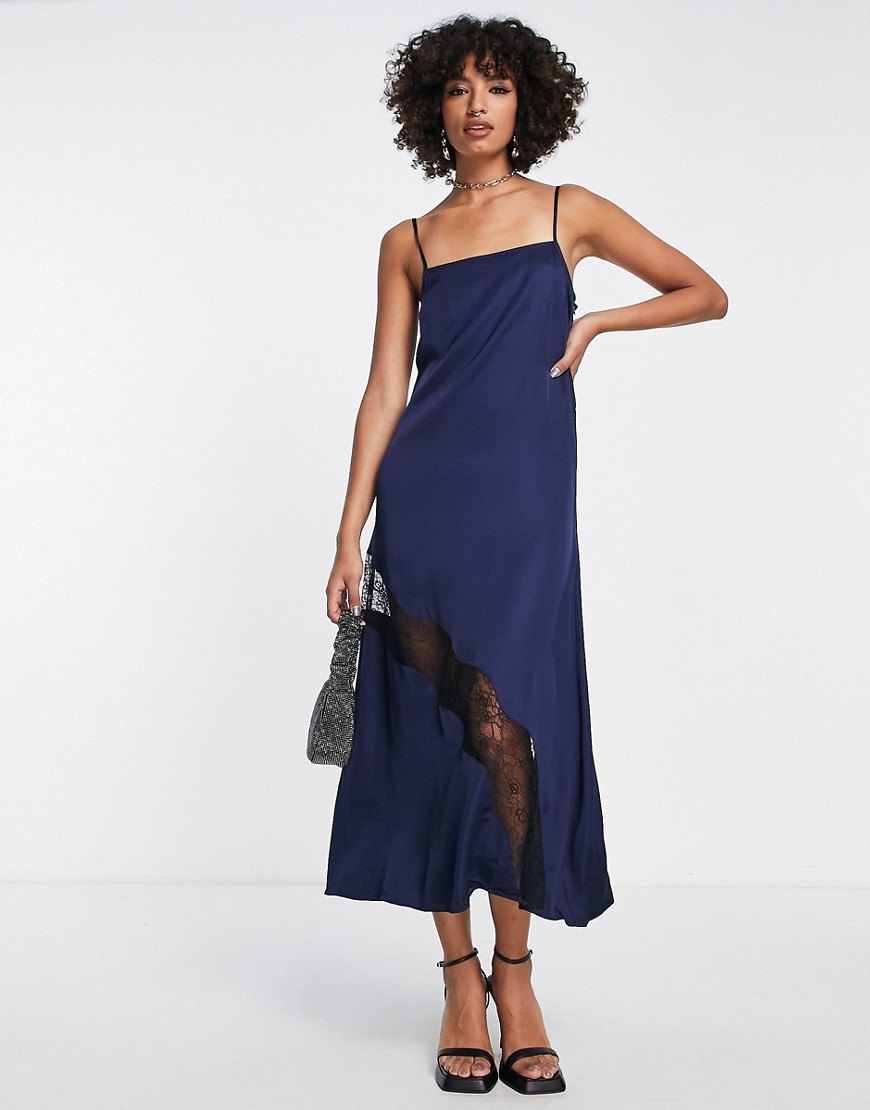 Edited soft satin midi dress with lace insert in navy