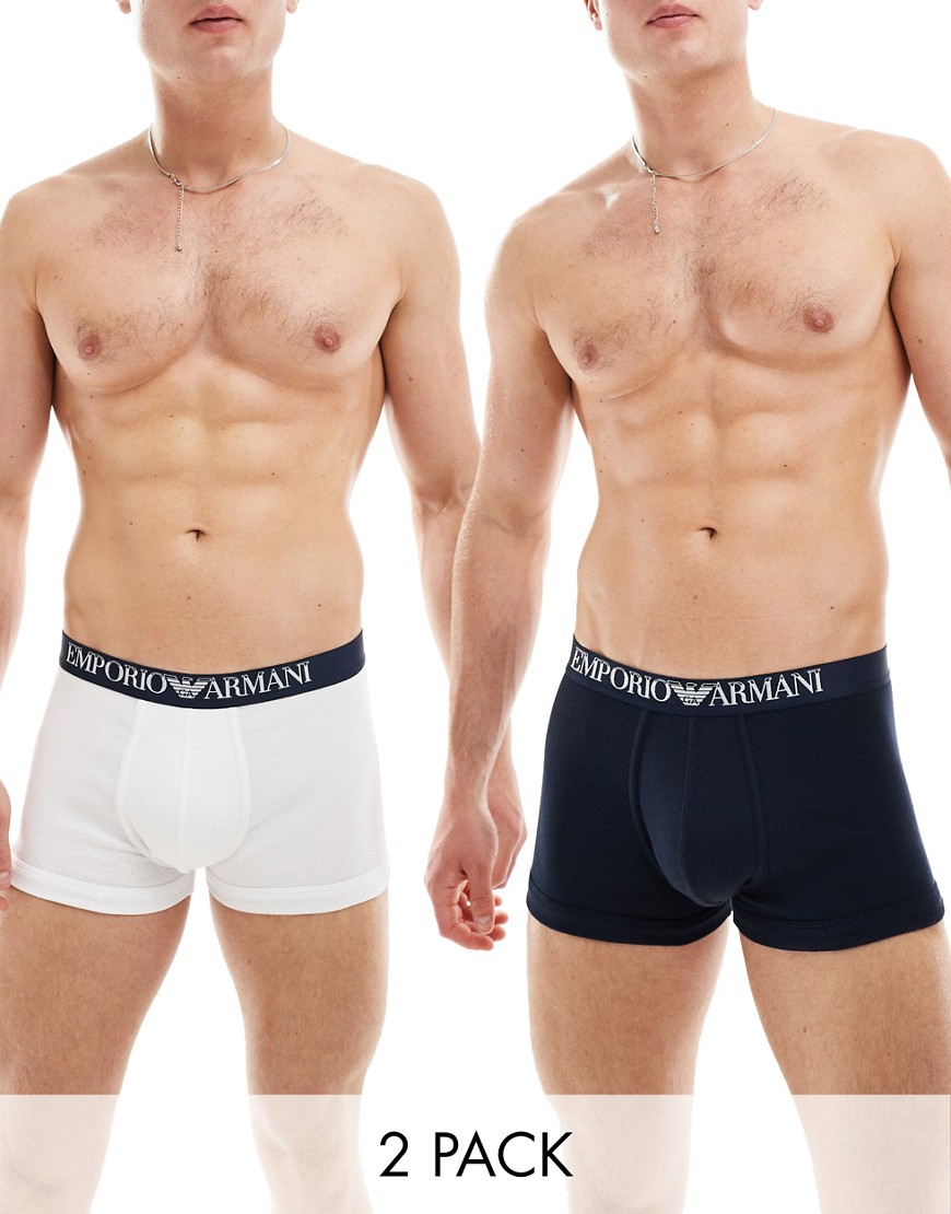 Emporio Armani Bodywear 2 pack ribbed cotton trunks in navy and white-Multi