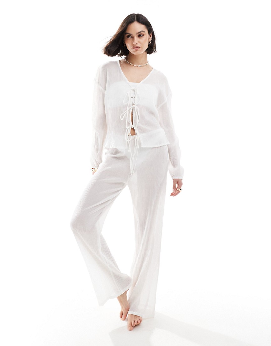 Esmee beach drawstring textured sheer trouser co-ord in white
