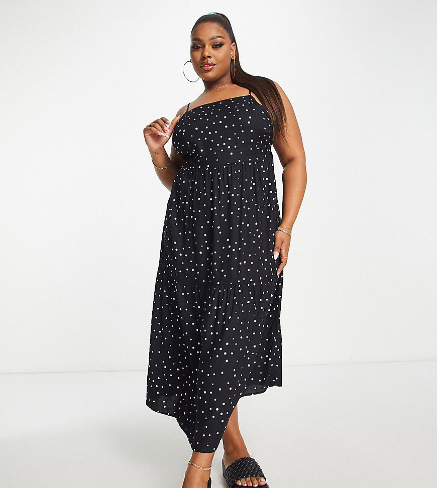 Esmee Plus Exclusive beach maxi summer dress with tiered detail in black polka dot