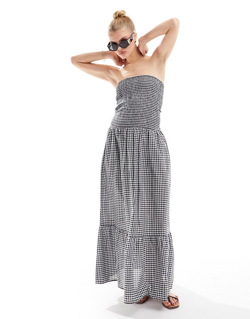 Esmee ruched bandeau maxi gingham beach dress in black and white-Multi
