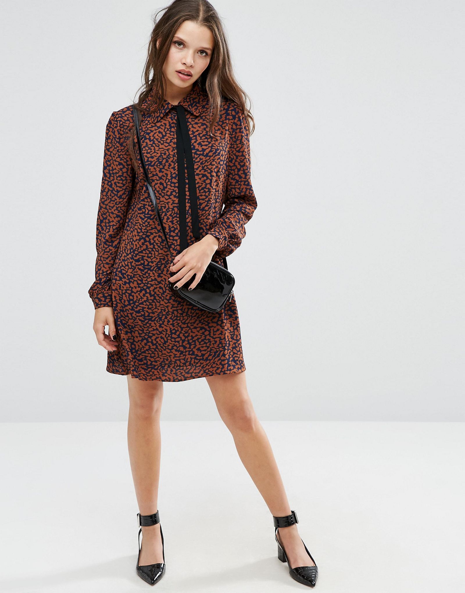 Fashion Union Petite Diana Scarf Neck Dress In Leopard Print