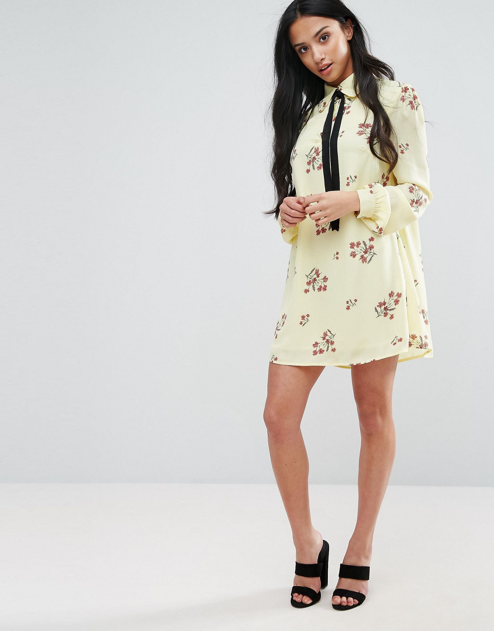 Fashion Union Petite Floral Printed Long Sleeve Shift Dress With Bow Tie Detail