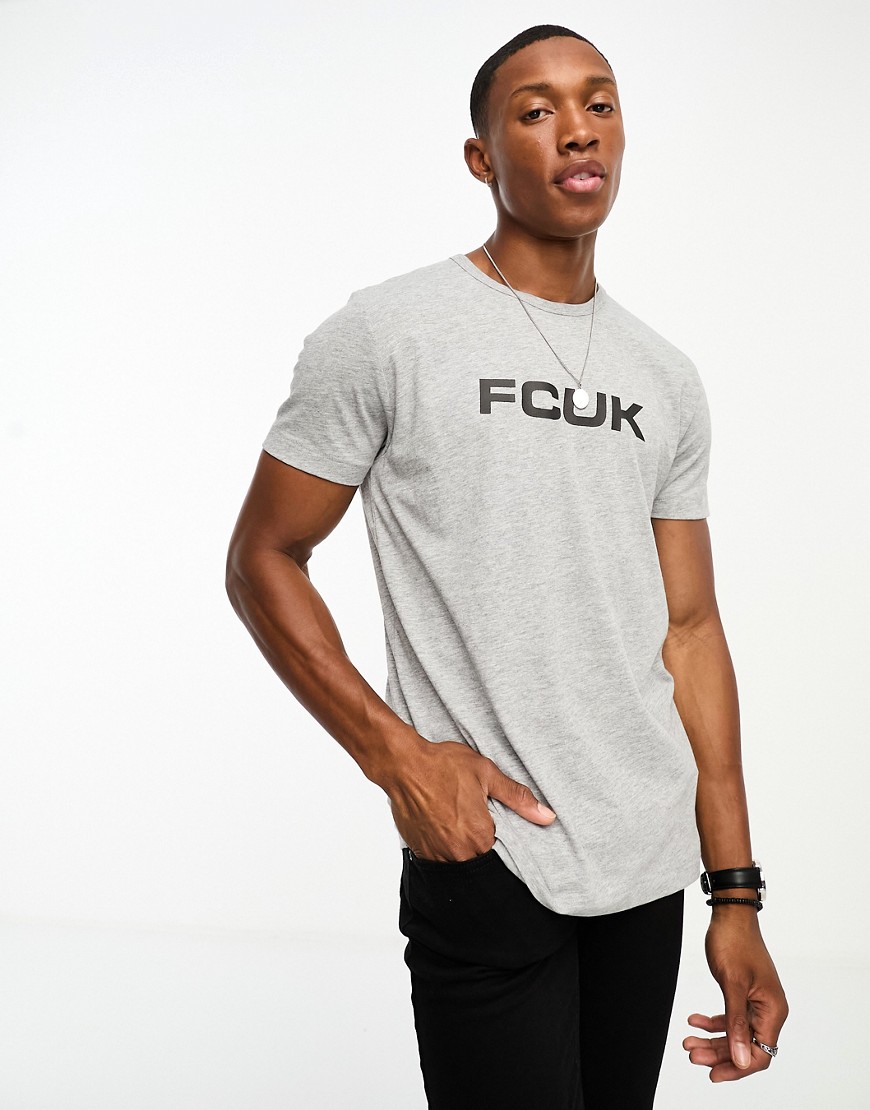 FCUK logo print t-shirt in light grey mel