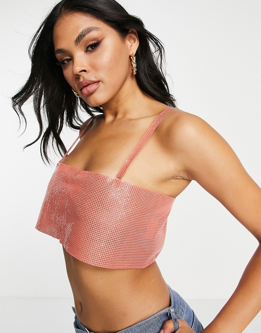 Femme Luxe chain mail strappy crop top in orange