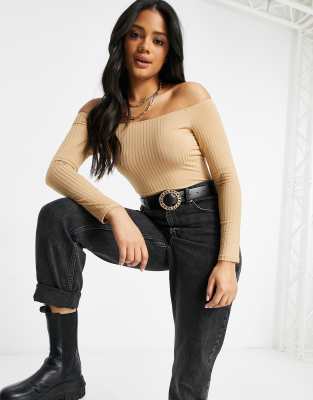 Flounce London long sleeve basic bardot body in camel - Click1Get2 Deals
