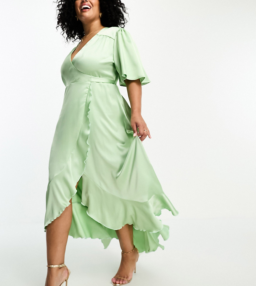 Flounce London Plus wrap front satin midi dress with flutter sleeves in sage-Green