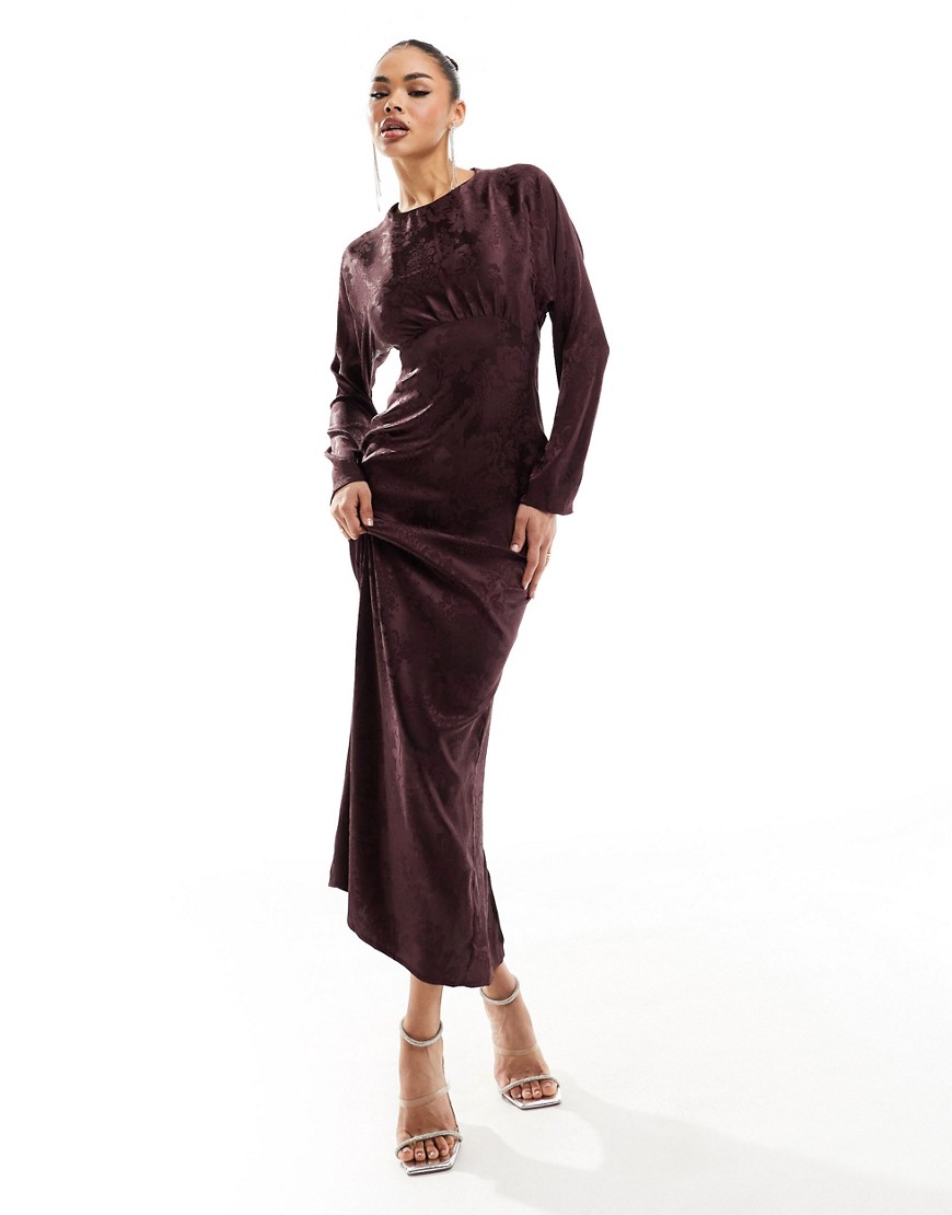 Flounce London satin maxi dress with kimono sleeve in chocolate-Brown