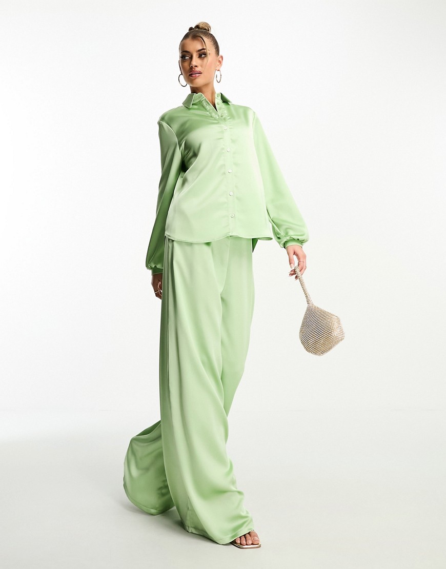 Flounce London satin palazzo trouser in light khaki co-ord-Green