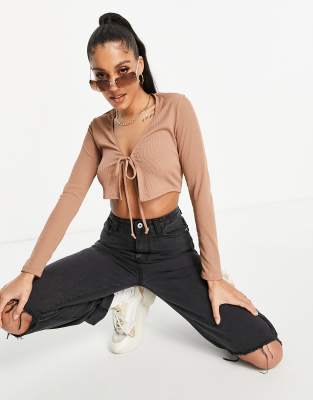 Flounce ribbed tie front cardigan in beige - Click1Get2 Deals&set=par&price_min=200&sale=mega Discount&set=par&discount=50 Or More&sale=mega Discount