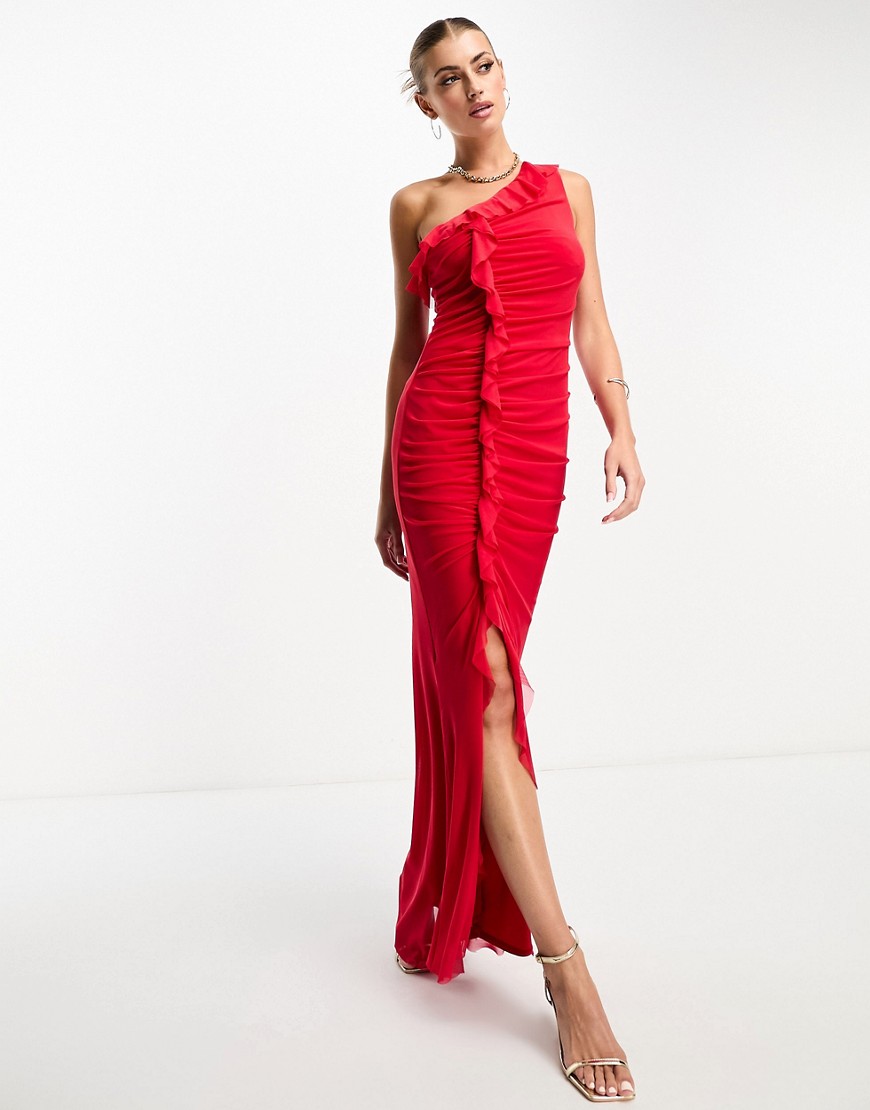 Flounce ruched mesh maxi dress with frill detail in red