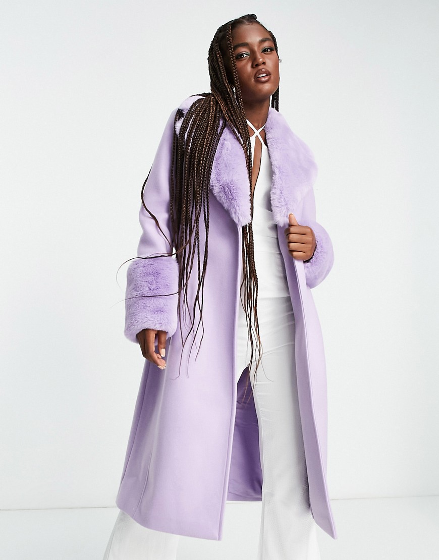 Forever New faux fur collar coat with cuffs in lilac-Purple