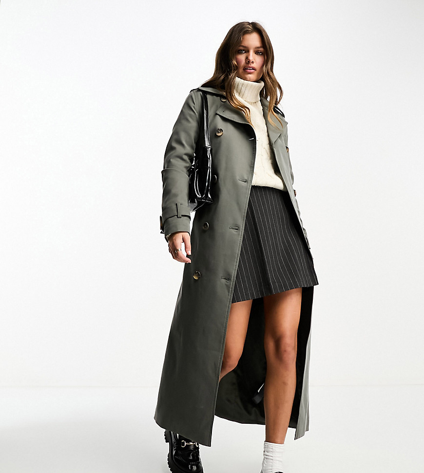 Forever New Petite belted maxi trench maxi coat in soft olive-Green