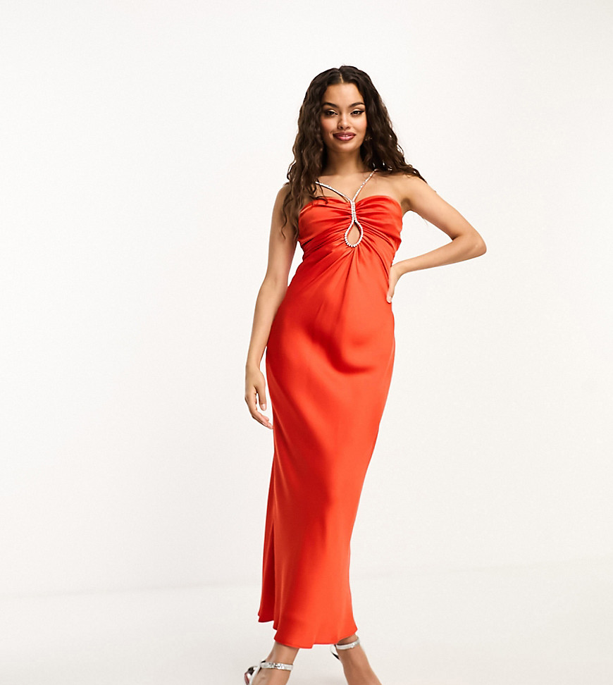 Forever New Petite diamante tear drop satin maxi dress in red