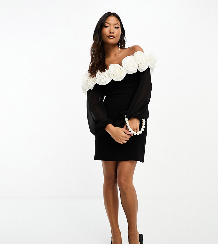 Forever New Petite rosette mini dress with sheer sleeves in monochrome-Black