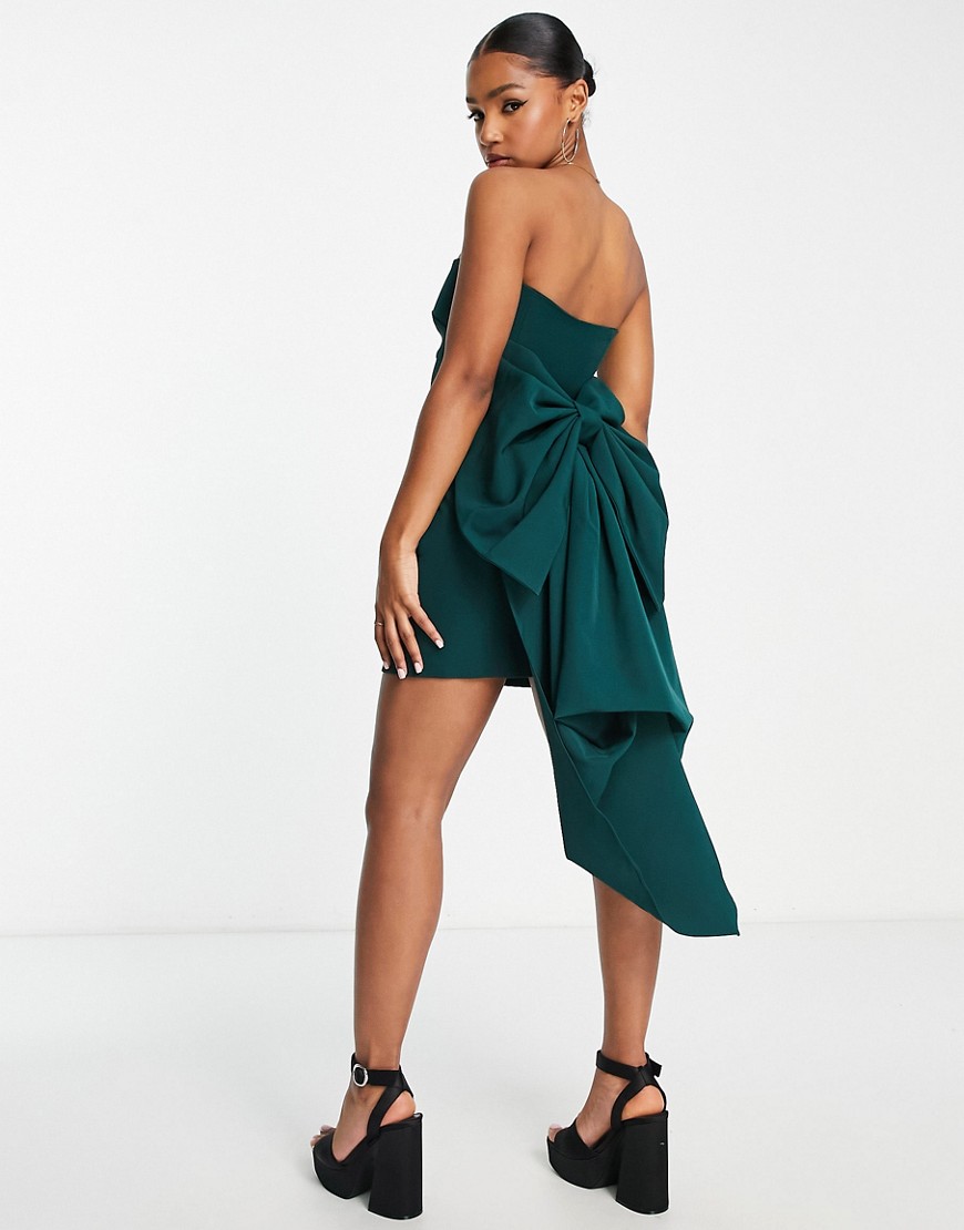 Forever New strapless trailing bow mini dress in emerald green