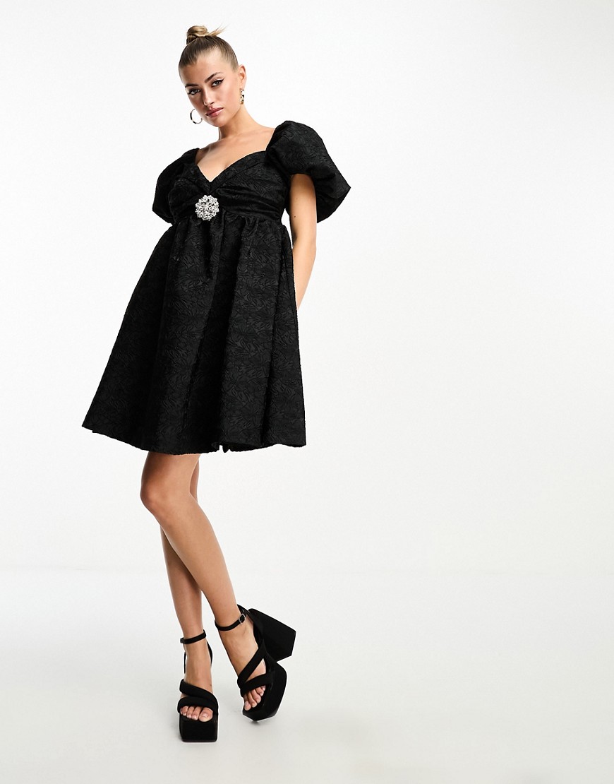 Forever Unique jacquard mini dress with embellished brooch in black