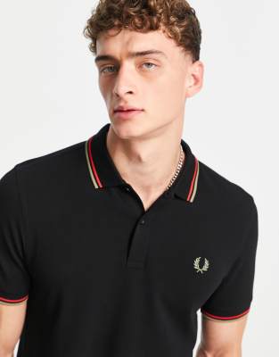 Fred Perry Polo Nera Con Righe Doppie A Contrasto Su Maniche E