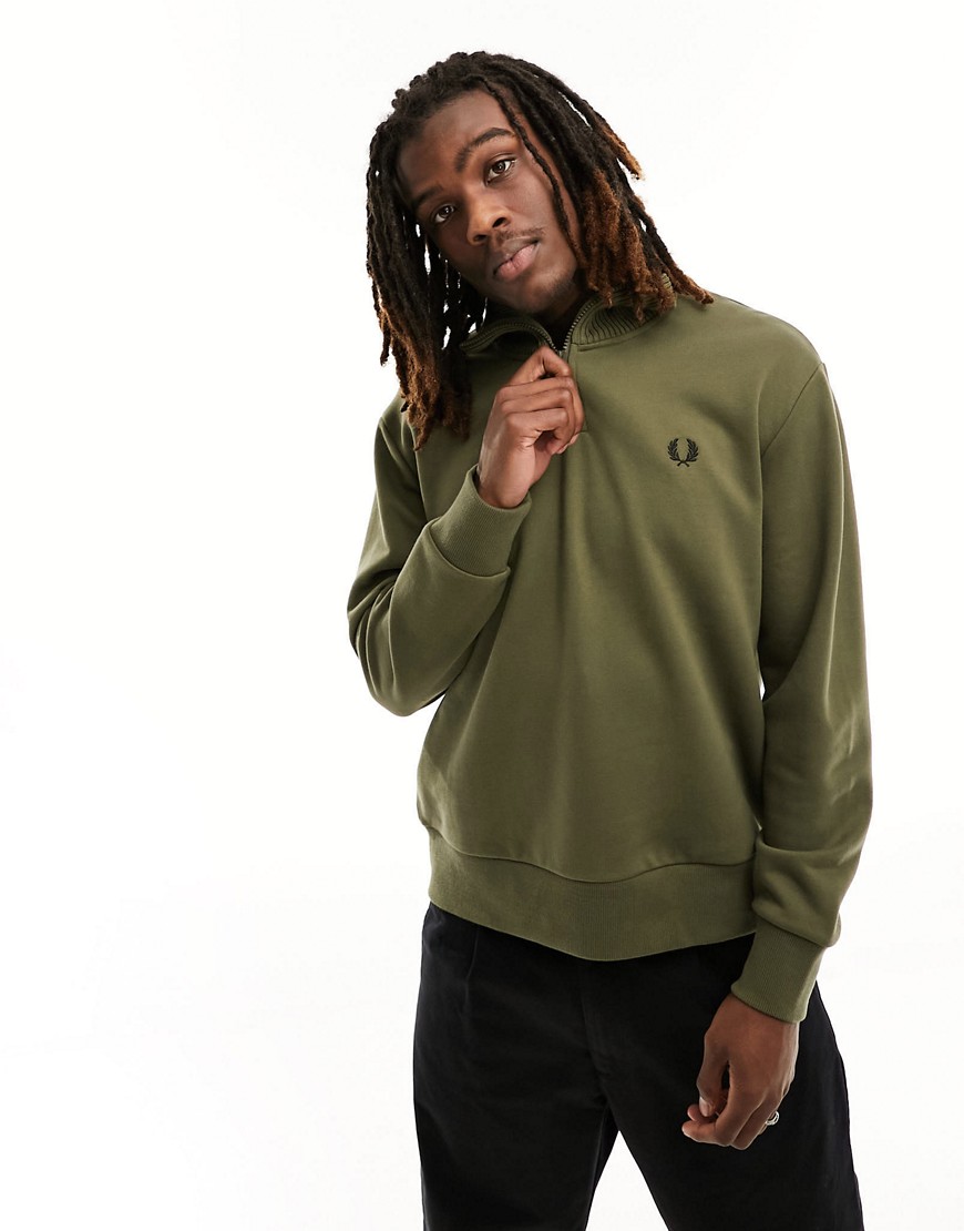 Fred Perry quarter zip with knitted detail in uniform green
