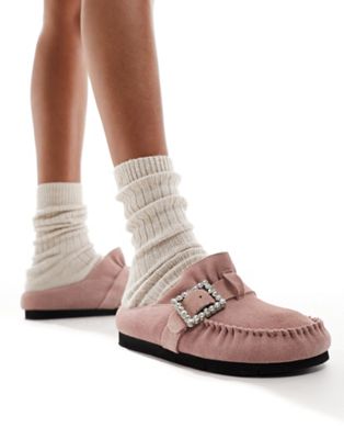 diamante buckle slip on buckle mules in frosted pink