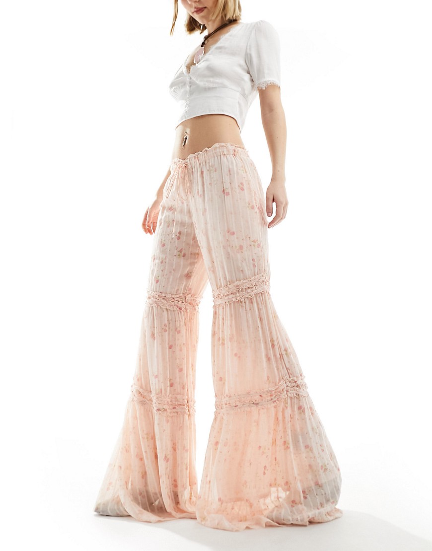 Free People lace insert vintage floral print trousers in peach-Pink