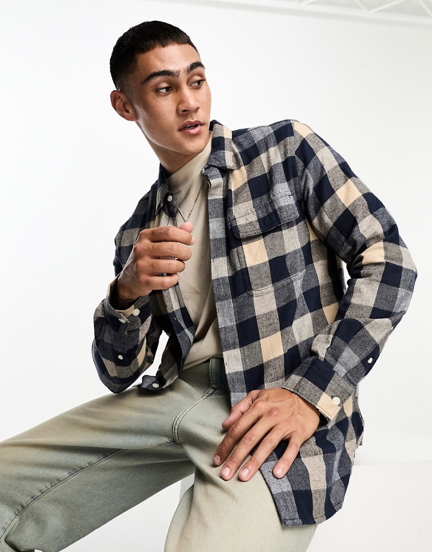 French Connection 2 pocket check flannel overshirt in camel-Neutral