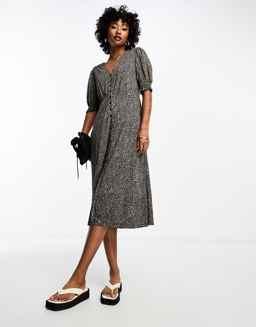 French Connection button down printed midi dress in leopard-Multi
