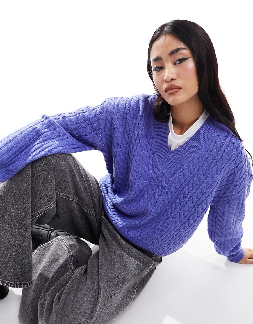 French Connection cable knit v neck jumper in purple