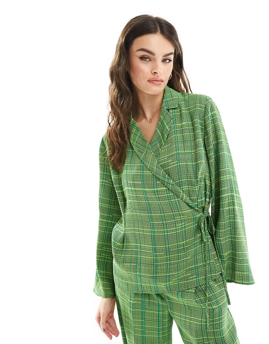 French Connection Carmen crepe tie side top in green check co-ord