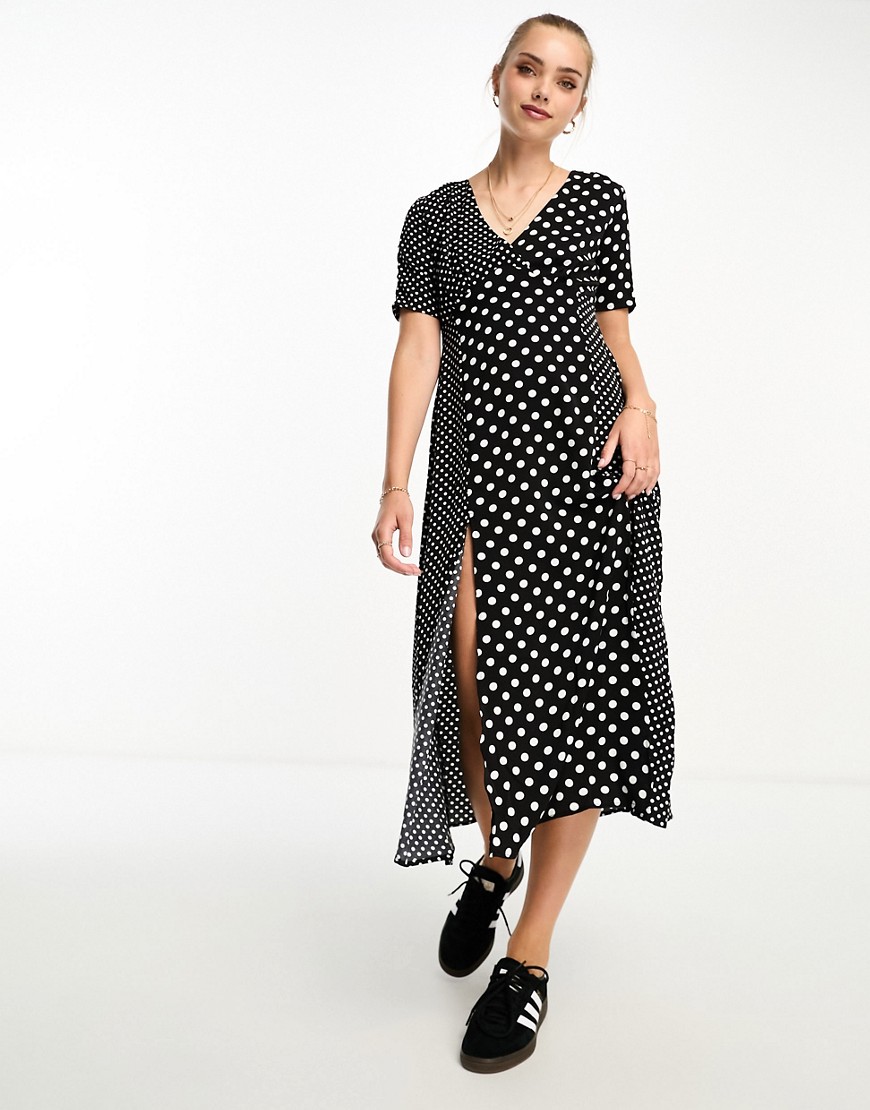 French Connection contrast panel polka dot midi dress in black and white