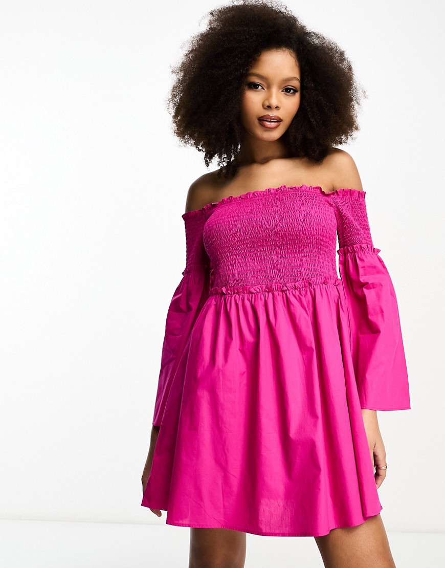 French Connection cotton flute sleeve mini dress in hot pink